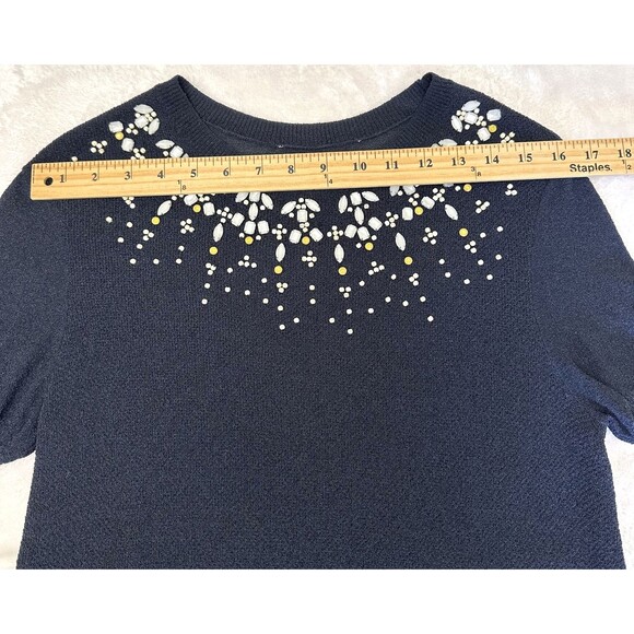 Tori Burch Women's Navy Embellished Short Sleeve Stretchy Sweater Top Sz L - Picture 9 of 13